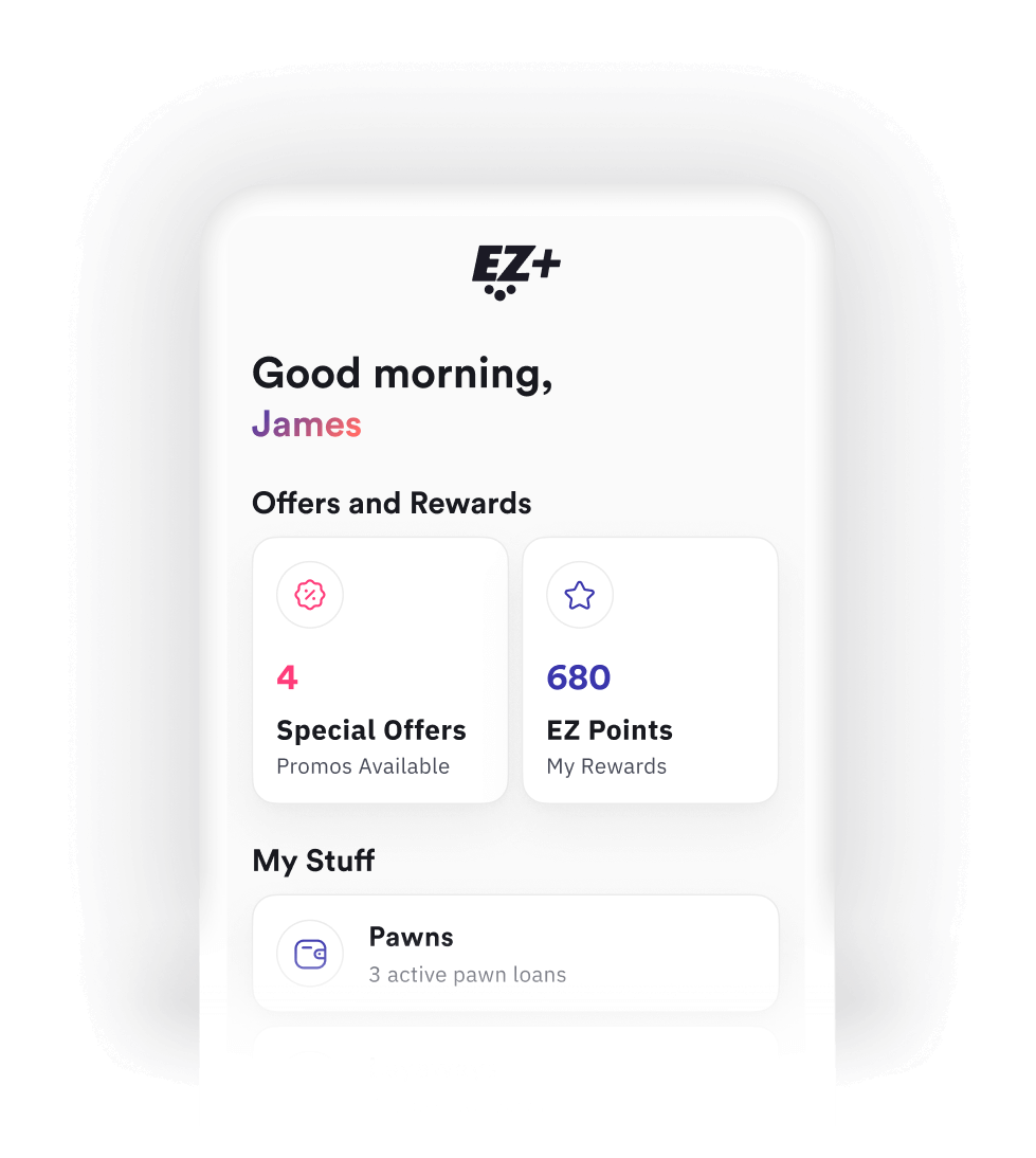 Home screen with rewards and transaction options. Special offers, EZ Points, and active pawn loans are displayed.